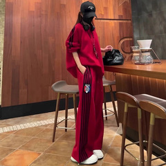 复古美式网红套装时尚休闲运动套装女条纹卫衣+阔腿裤女装两件套