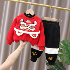 兒童拜年服冬男童中國風復古卡通衛衣加絨套裝女童加厚古裝兩件套