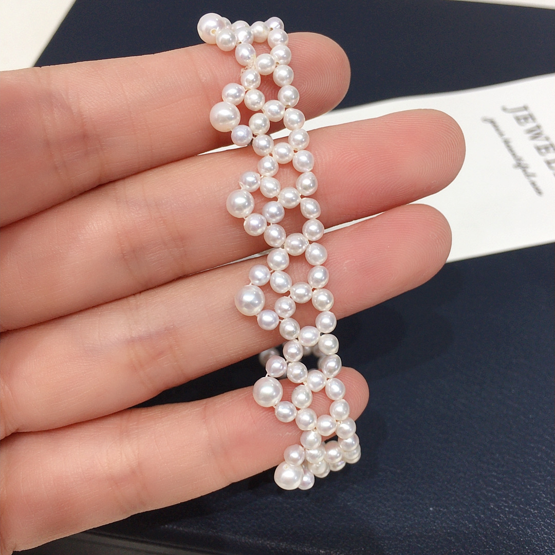 Vòng tay ngọc trai nước ngọt tự nhiên 3-4mm dệt tay có thể điều chỉnh — Màu trắng chi tiết 2