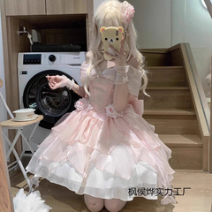 一字肩法式粉色小花仙花嫁小晚礼服甜美洛丽塔公主裙生日常连衣裙