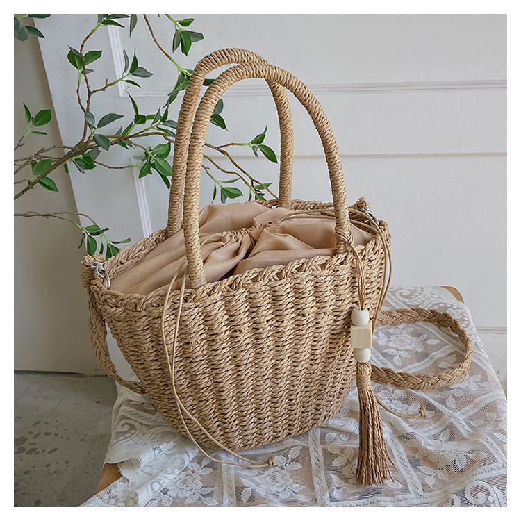 Straw Solid Color Fashion Weave Soft Surface Bucket Type String Bucket Bag display picture 6