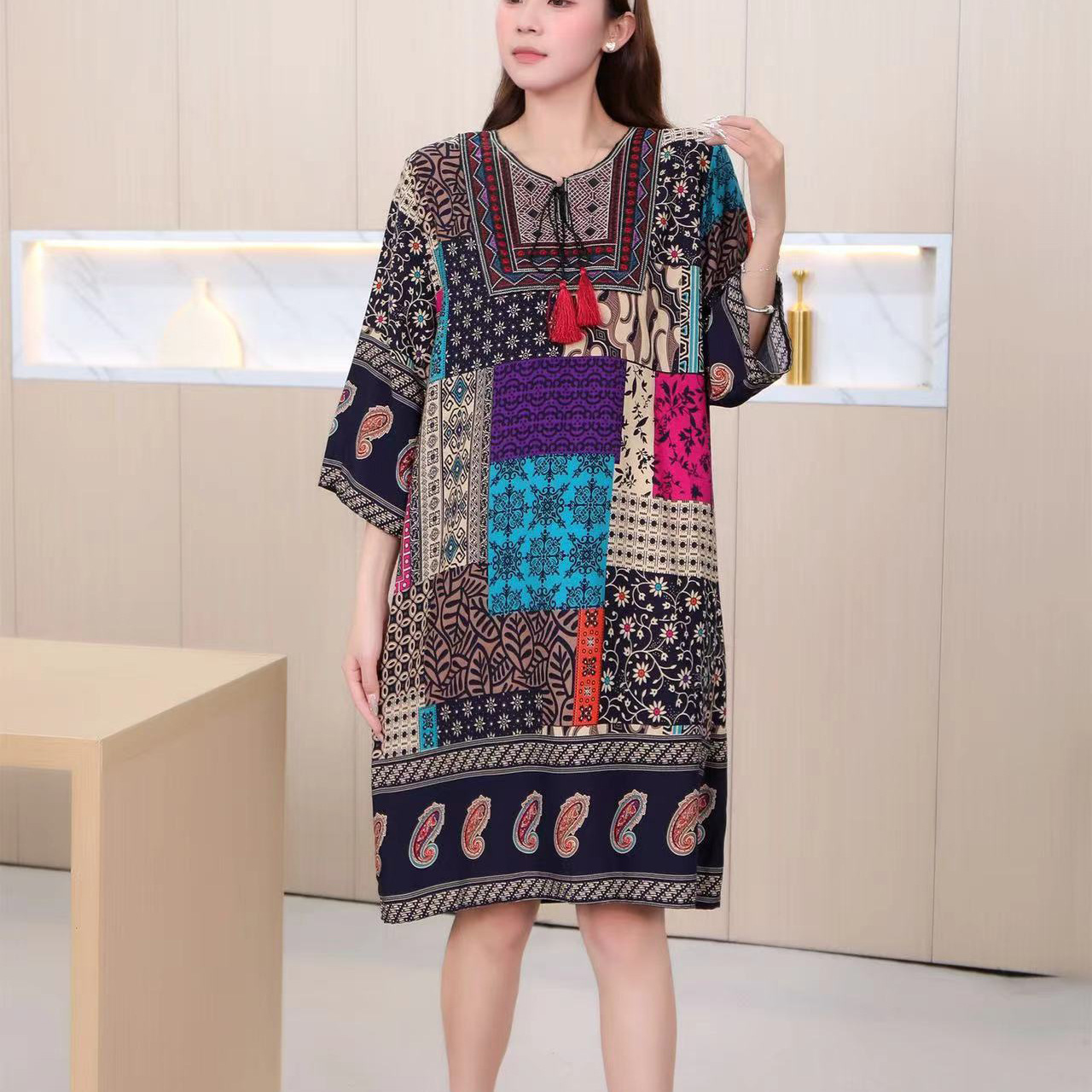 タイ風Aラインコットンワンピース、夏向け、クロスボーダーコットンシルクワンピース、アーティスティックレトロエスニック風婦人服