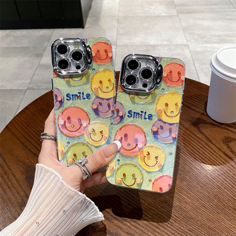 Verano Blu-ray Point Diamond Pintura al óleo Smiley Apto para iPhone16 Soporte de lente 15ProMax Apple 14 Nuevo 12