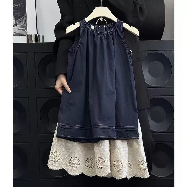 Girls' Korean-Style Dress Set Summer Outfit 2026 Trendy Children's Retro Tank Dress Cool and Stylish Baby Dress