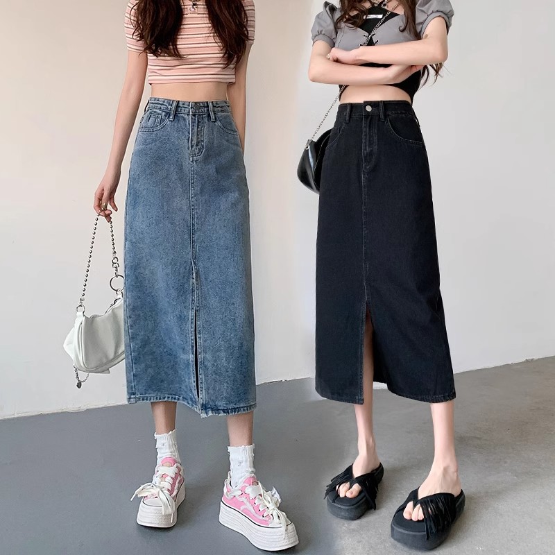 Retro black summer denim skirt