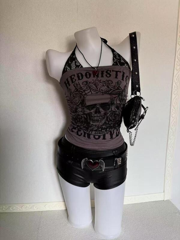 Y2K Hot Girl Skull Print Halter Neck Tank Top for Women, Summer American Retro Distressed Print Short Slim-Fit Camisole