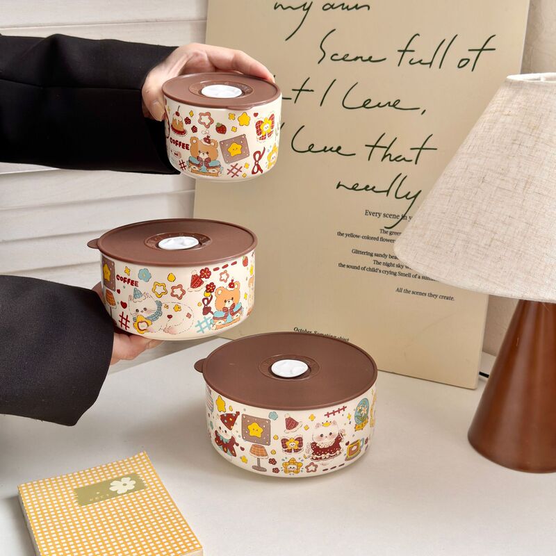Three-Piece Set of Sealed Ceramic Rice Bowls with Lids, Household Lunch Boxes, Microwaveable