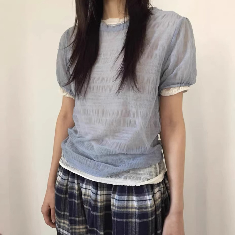 25 Spring/Summer 4 Colors Korean Ins Textured 3D Pleated Unique Lace Short Sleeve Puff Sleeve T-Shirt Top Japanese Style