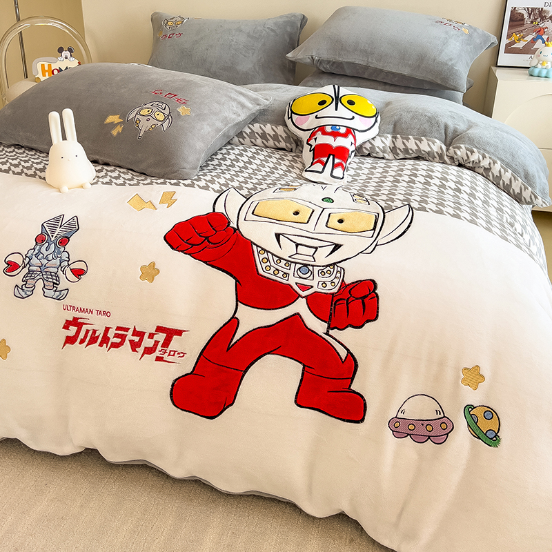 Ultraman Double-Sided Thickeneded Milk Velvet Bed Four-Piece Set Kidsren's Coral Flannel Bedding Quilt Cover Bed Sheets Bed Bed Sheets