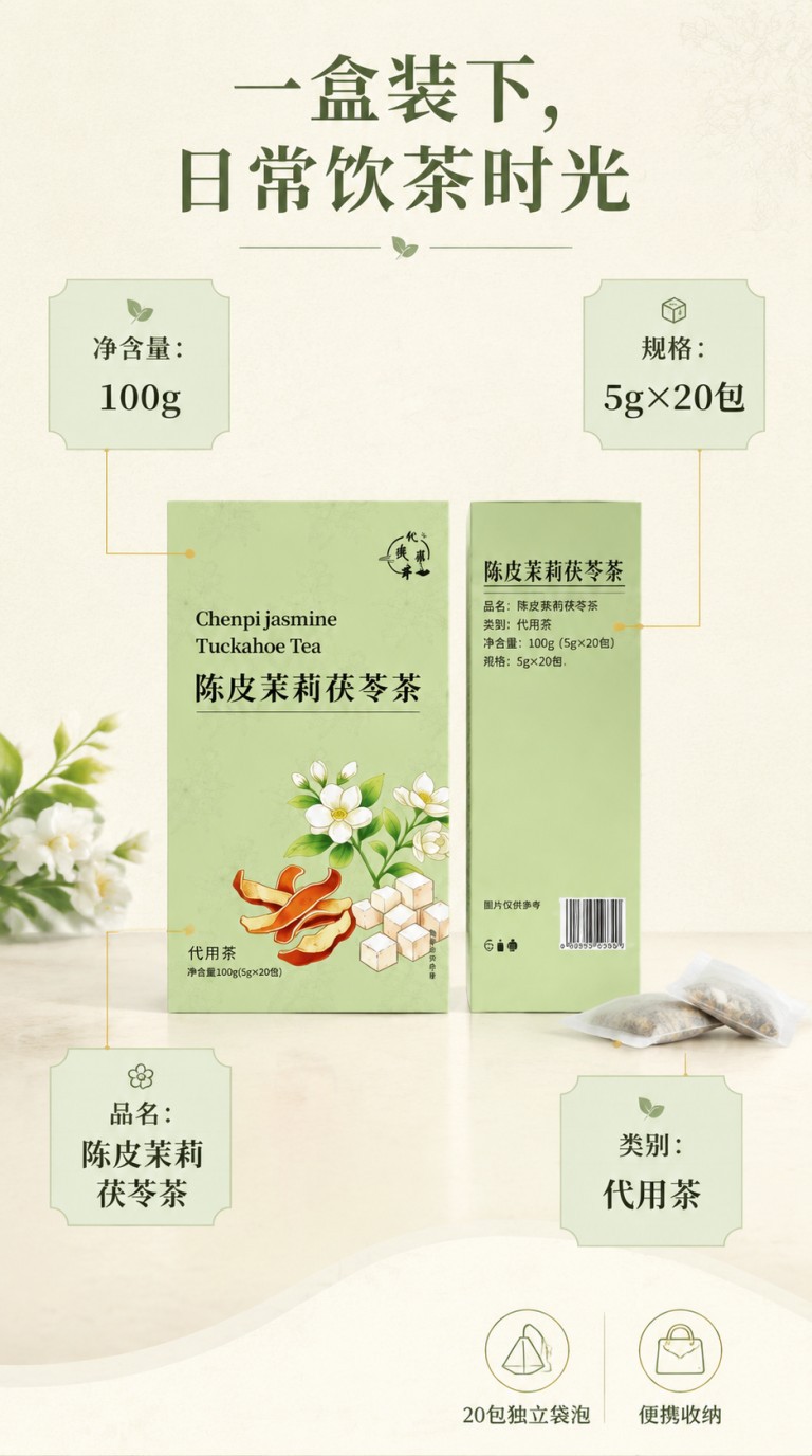 Tangerine Peel Jasmine Poria Herbal Tea Chen Pi Fu Ling Tea Bags 100g 20 Individual Sachets specifications