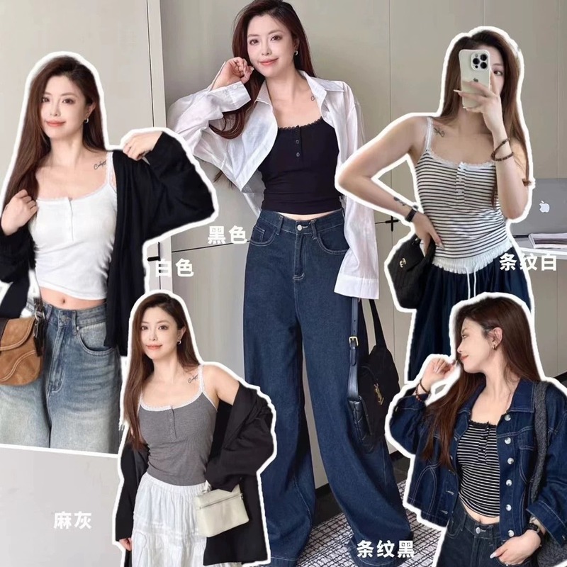 秋冬轻暖衣蕾丝花边纽扣吊带背心女带一体罩杯美背内衣防走光上衣|undefined