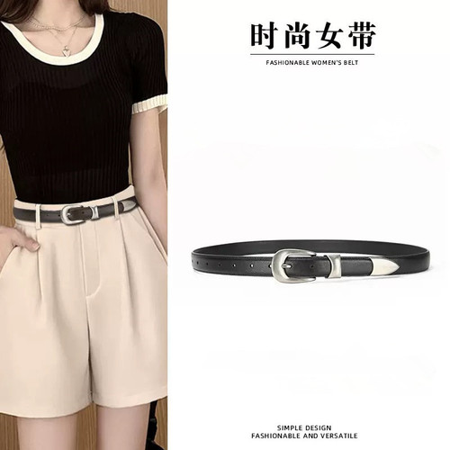 Women's leather belt, genuine leather, slim waist design, vintage-style buckle—perfect for pairing with tailored trousers, offering a simple, casual, and versatile look that complements denim jeans effortlessly.