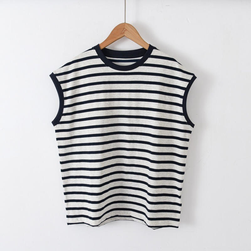 Summer Women's Striped Knit Sleeveless T-Shirt, Korean and Japanese Style Versatile Cool Top with Cap Sleeves, Cross-Border In-Stock