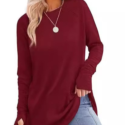 Factory Direct Supply Cross-Border Hot-Selling 2025 European and American Style Round Neck Solid Color Long-Sleeve Loose Mid-Length Versatile Base Shirt