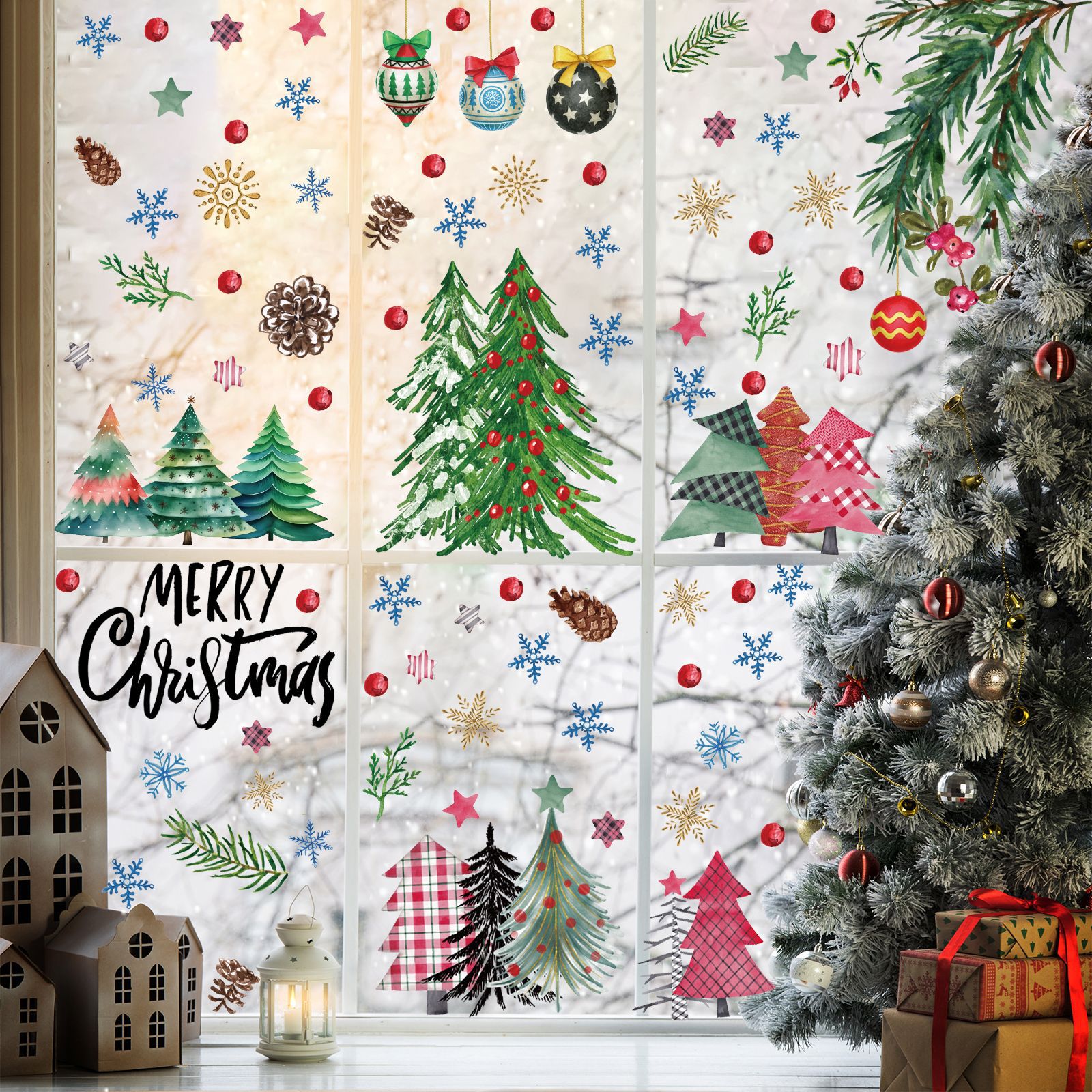 2026新亚马逊圣诞水彩圣诞树静电窗贴橱窗玻璃门圣诞节装饰贴自粘