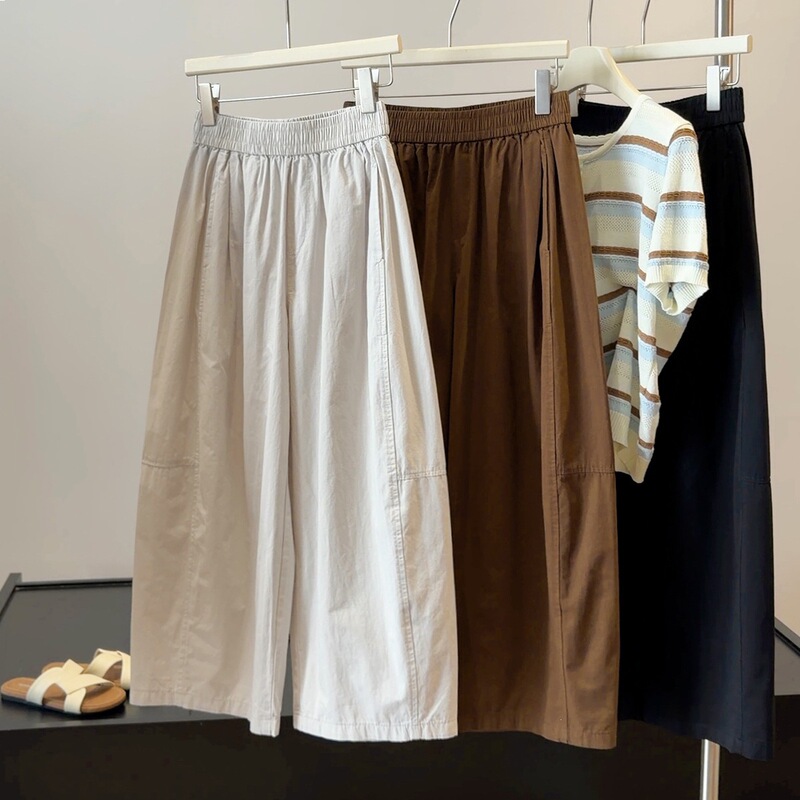 Korean-Style Simple Casual Wide-Leg Pants for Women, New Summer Style, Petite, Elastic High-Waist, Loose Fit, Slimming, Thin, Cropped Pants Korean-Style Simple Casual Wide-Leg Pants for Women, New Summer Style, Petite, Elastic High-Waist, Loose Fit, Slimming, Thin, Cropped Pants