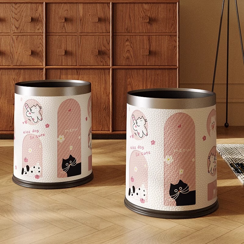 Trash Can Cute Girl Bedroom Cartoon Leather Wastebasket Household Large Living Room Pink Dopamine Sanitary Bucket