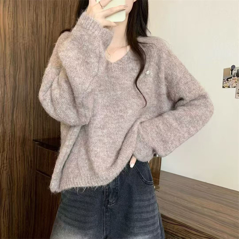 韩国chic秋冬毛衣女慵懒风宽松v领毛茸茸百搭休闲简约针织衫上衣|undefined