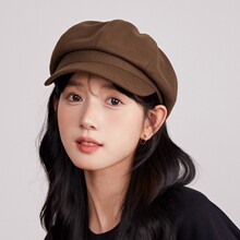 韩系纯色毛呢八角帽女春季短檐贝雷帽文艺复古咖啡色报童帽画家帽