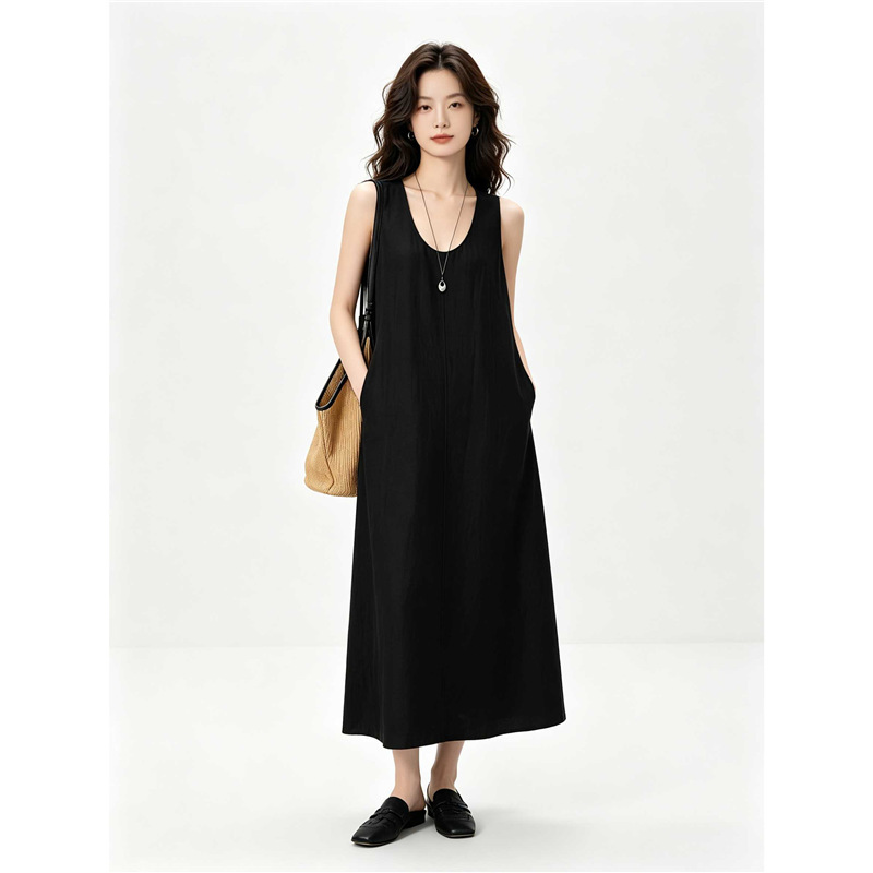 M Old Money Sleeveless Black Linen Dress for Women, Straight A-Line Dress with a Relaxed Feel, Summer 2026, 5H4290101