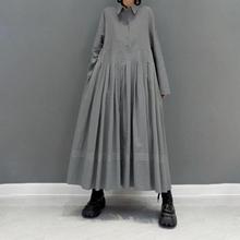 大摆宽松压褶长裙长袖拼接四季热销外贸日系女装纯色轻熟连衣裙女