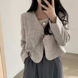 韩国chic 秋季法式复古V领单排扣百搭长袖短款粗花呢小香风外套女