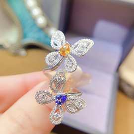 跨境亚马逊爆款天然坦桑石+黄蓝宝s925戒指小众高级感首饰4*5mm耳