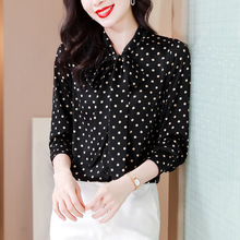 品牌高档真丝波点衬衫女士长袖2024秋新款蝴蝶结高级感桑蚕丝小衫