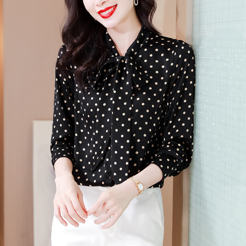 品牌高档真丝波点衬衫女士长袖2024秋新款蝴蝶结高级感桑蚕丝小衫