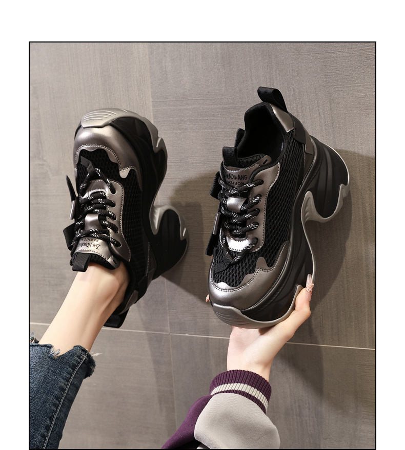 Giày sneaker nữ đế dày tăng chiều cao 11cm, phong cách daddy, lưới thoáng khí — màu đen chi tiết 13