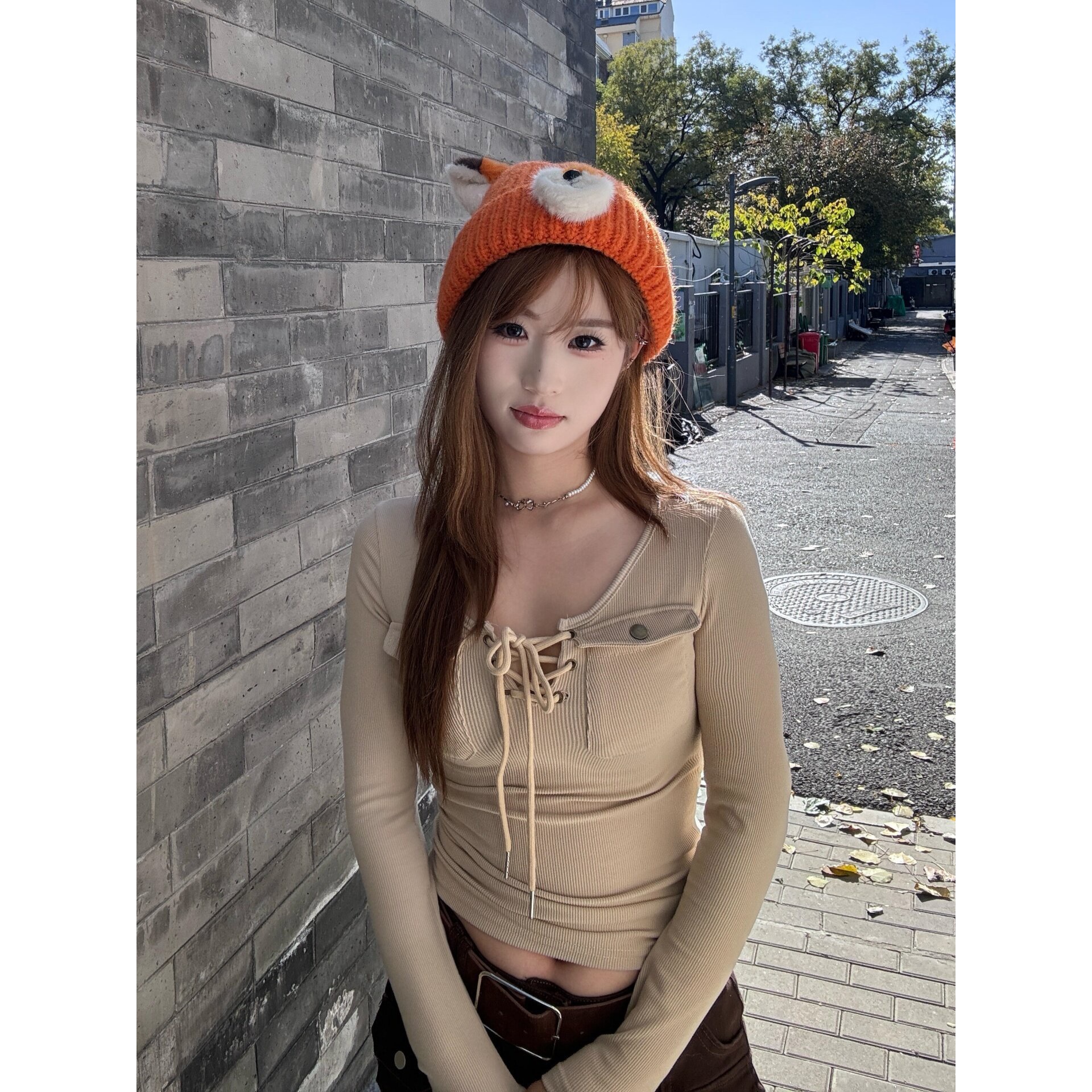 韩系辣妹风口袋设计长袖T恤女春夏款绝美巨好看内搭外穿系带上衣