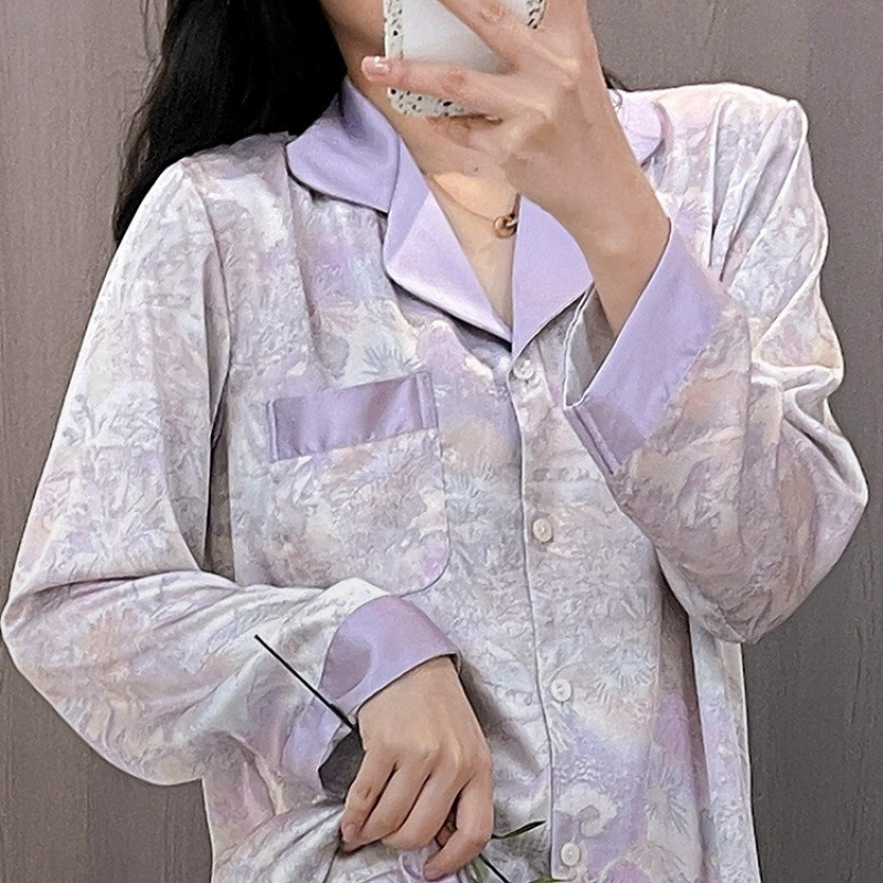 【紫黛】冰丝睡衣女春夏秋薄款长袖气质显瘦网红家居服可外穿|undefined