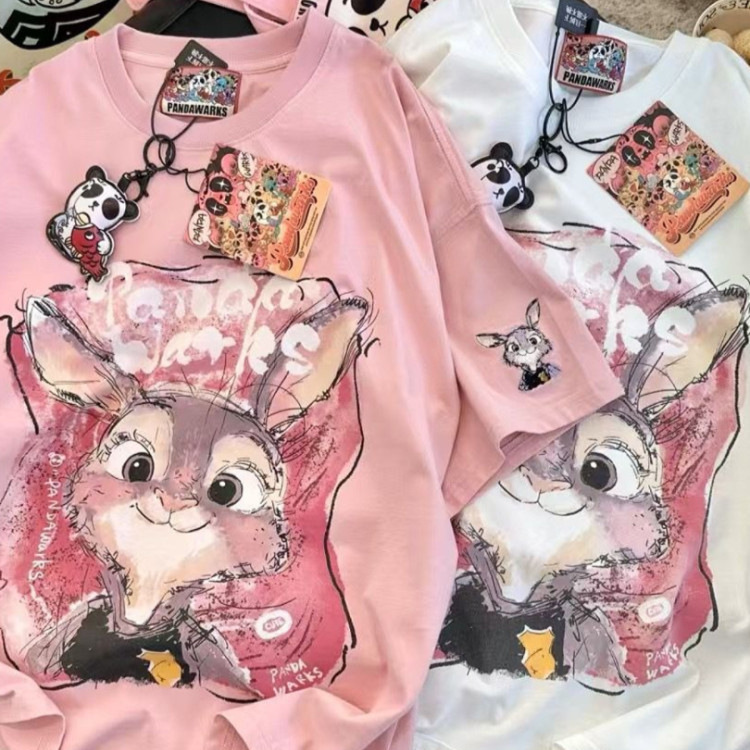 Plus-Size 150kg Fashion Pink Rabbit and Fox Pure Cotton Short-Sleeve Stylish Summer Half-Sleeve T-Shirt Ins Plus-Size 150kg Fashion Pink Rabbit and Fox Pure Cotton Short-Sleeve Stylish Summer Half-Sleeve T-Shirt Ins