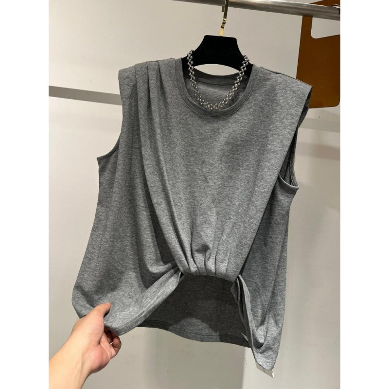 High-End European Goods 2026 Summer New Style Round Neck Irregular Pleated Design Shoulder Pad Sleeveless T-Shirt Women's Top High-End European Goods 2026 Summer New Style Round Neck Irregular Pleated Design Shoulder Pad Sleeveless T-Shirt Women's Top
