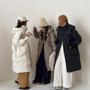 Yimo Hooded White Duck down Jacket for Women, Long Style, 2025 New Model, Knitted Sleeves, Thickened, Loose-Fitting White Duck down Coat for Women