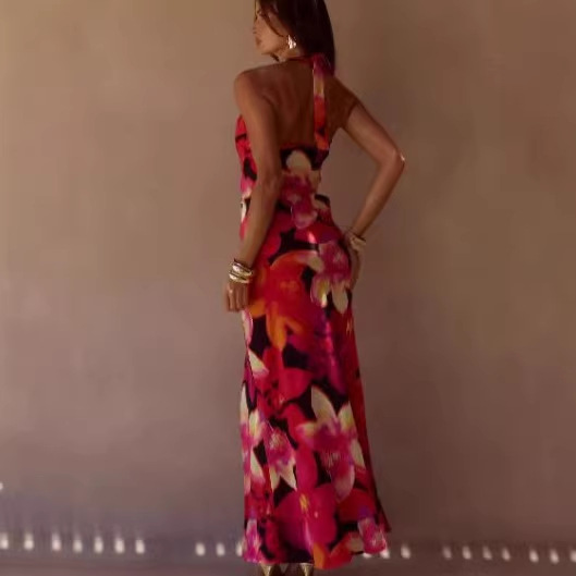 2026 Sexy V Neck Halter Maxi Dress Floral Print Slit Summer Vacation Style Women's Regular Thickness Dress New Arrival_ecoleips.com