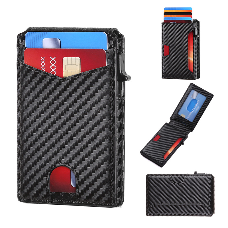 Amazon venta caliente de fibra de carbono lateral empuje bolsa de tarjetas antirrobo cepillo flip caja de tarjetas cartera flip transfronteriza stock