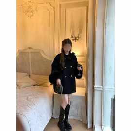 富家千金名媛斗篷大衣中长款气质宽松慵懒风黑色小香风毛呢外套女