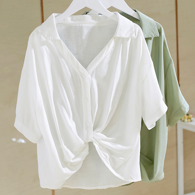 白色V领短袖衬衫女2024夏季新款韩版设计感小众宽松显瘦打结