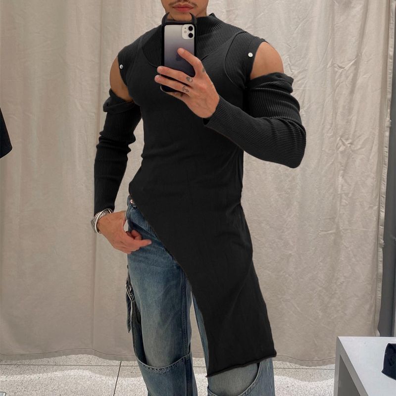 Cross-border Autumn and Winter New Slim-fit Novelty Half-high Collar Base Shirt European and American Men's Stretch Design Button Shoulder T-shirt