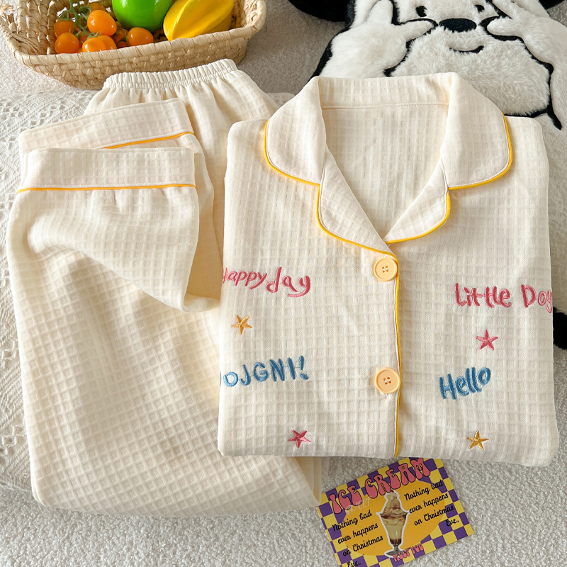 Japanese-Style Simple Waffle Grid Cute Embroidered Puppy Air Cotton Autumn and Winter Women's Long-Sleeve Pajama Set