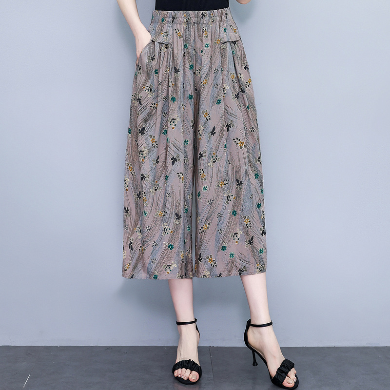 Summer Thin Cotton Silk Culottes for Middle-Aged and Elderly Mothers, Large Size Slimming Pants, Casual Draped Wide-Leg Pants