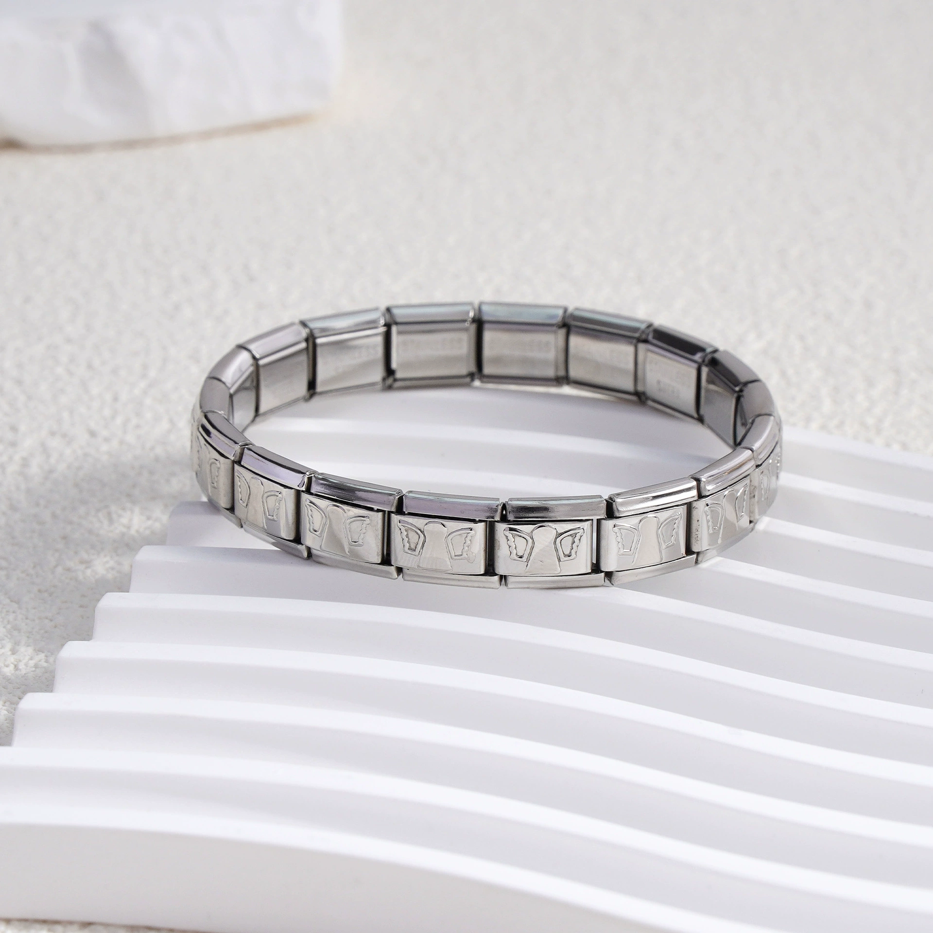 stainless steel bracelet, removable elastic link watch strap, italian european style, assorted charms