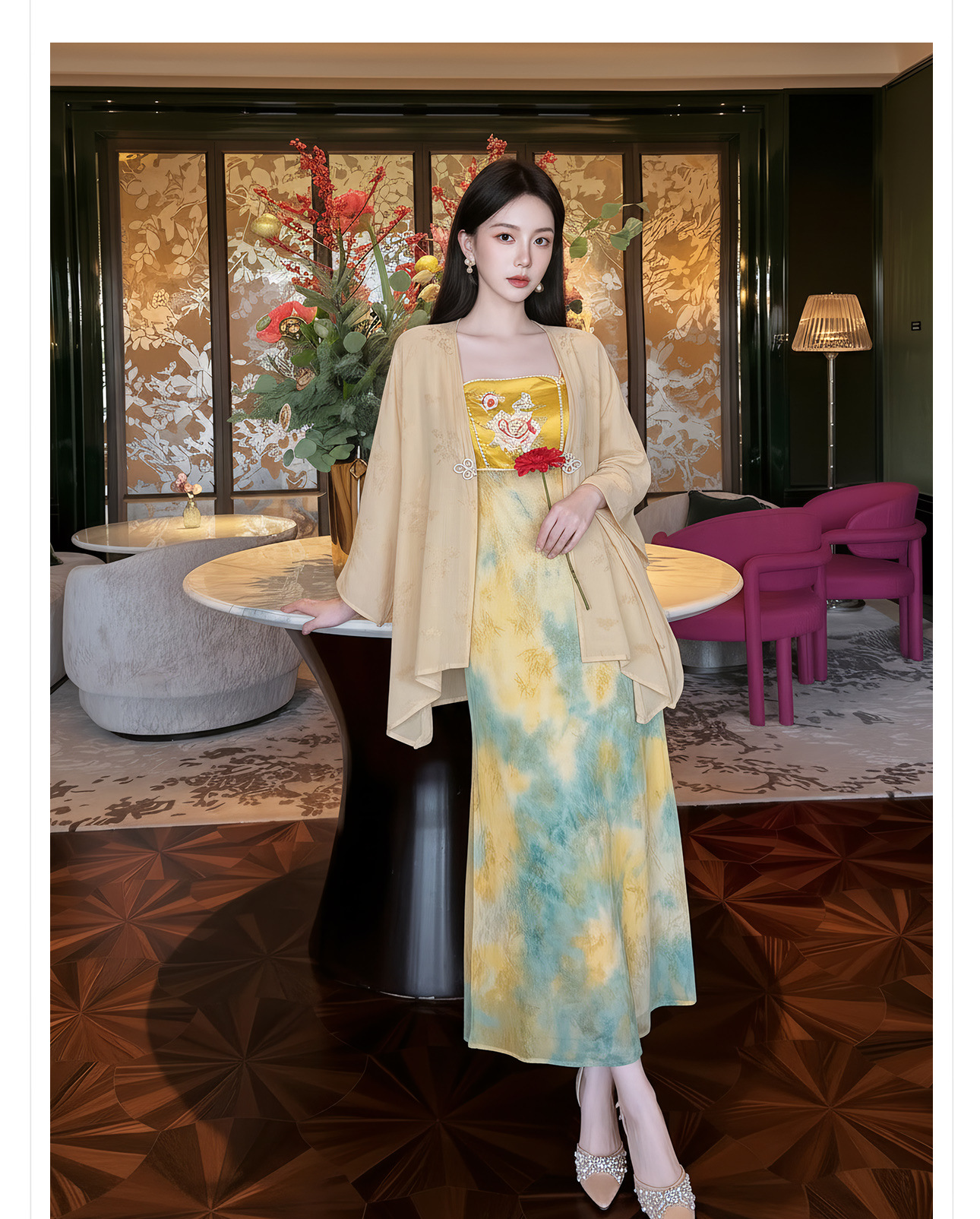 Bộ đầm dây tay không phối áo khoác thêu hoa văn cách tân cao cấp — bộ đồ, Đầu màu mơ, đầm dây chi tiết 8