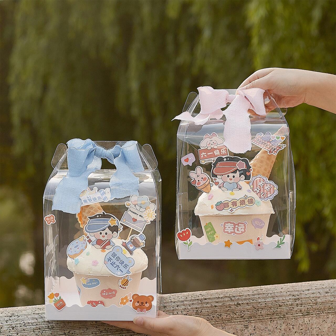 六一儿童节透明手提盒幼儿园毕业摆台烘焙甜品西点男孩女孩装饰盒