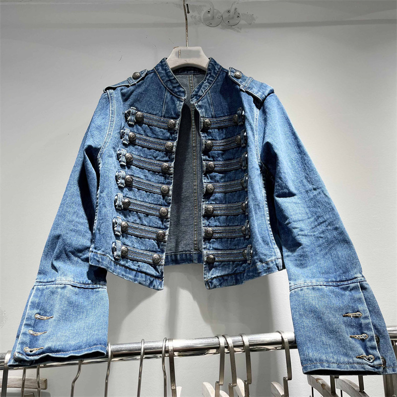 Trendy 2025 Spring New Classic Metal Rib Buckle Design Shoulder Strap Washed Denim Short Jacket