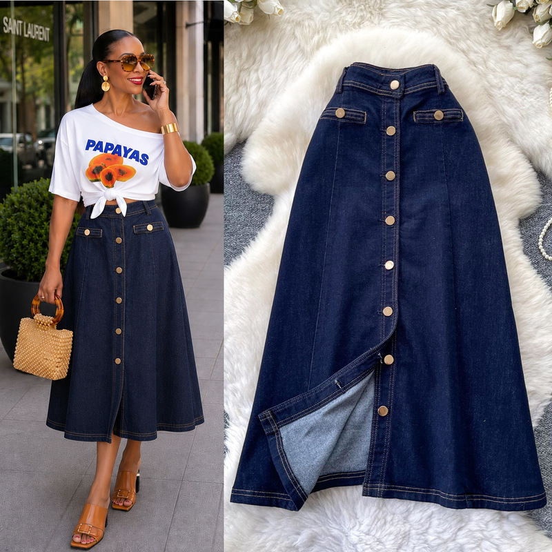Korean-style multi-button denim slit midi skirt for women, summer high-waisted slimming A-line skirt, suitable for commuting with a sophisticated look Korean-style multi-button denim slit midi skirt for women, summer high-waisted slimming A-line skirt, suitable for commuting with a sophisticated look