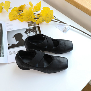 Leather-cut leather leather square elastic belt mid-heel thick heel dance shoes versatile vintage women's shoes casual single-layer shoes for women