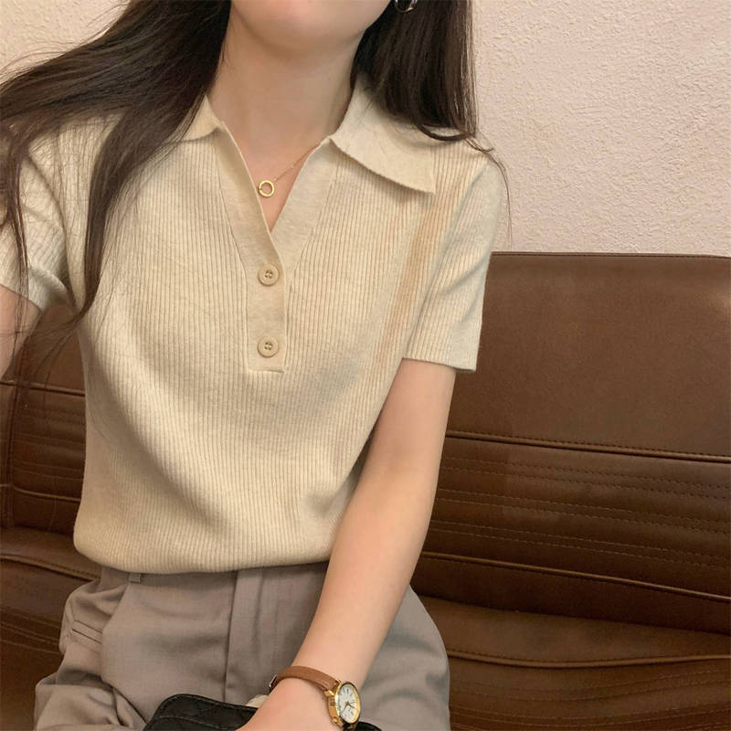 Polo Collar Knitted Slim-Fit Short-Sleeve Top for Petite Women, Summer 2026 Textured Base Shirt T-Shirt