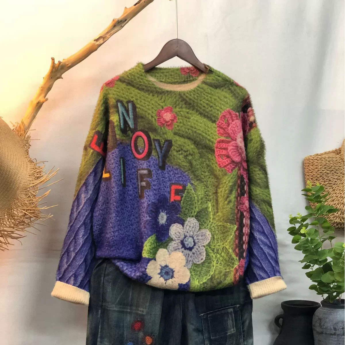 水貂绒毛衣套头女2024秋季新款宽松外搭圆领毛衣显瘦气质长袖上衣